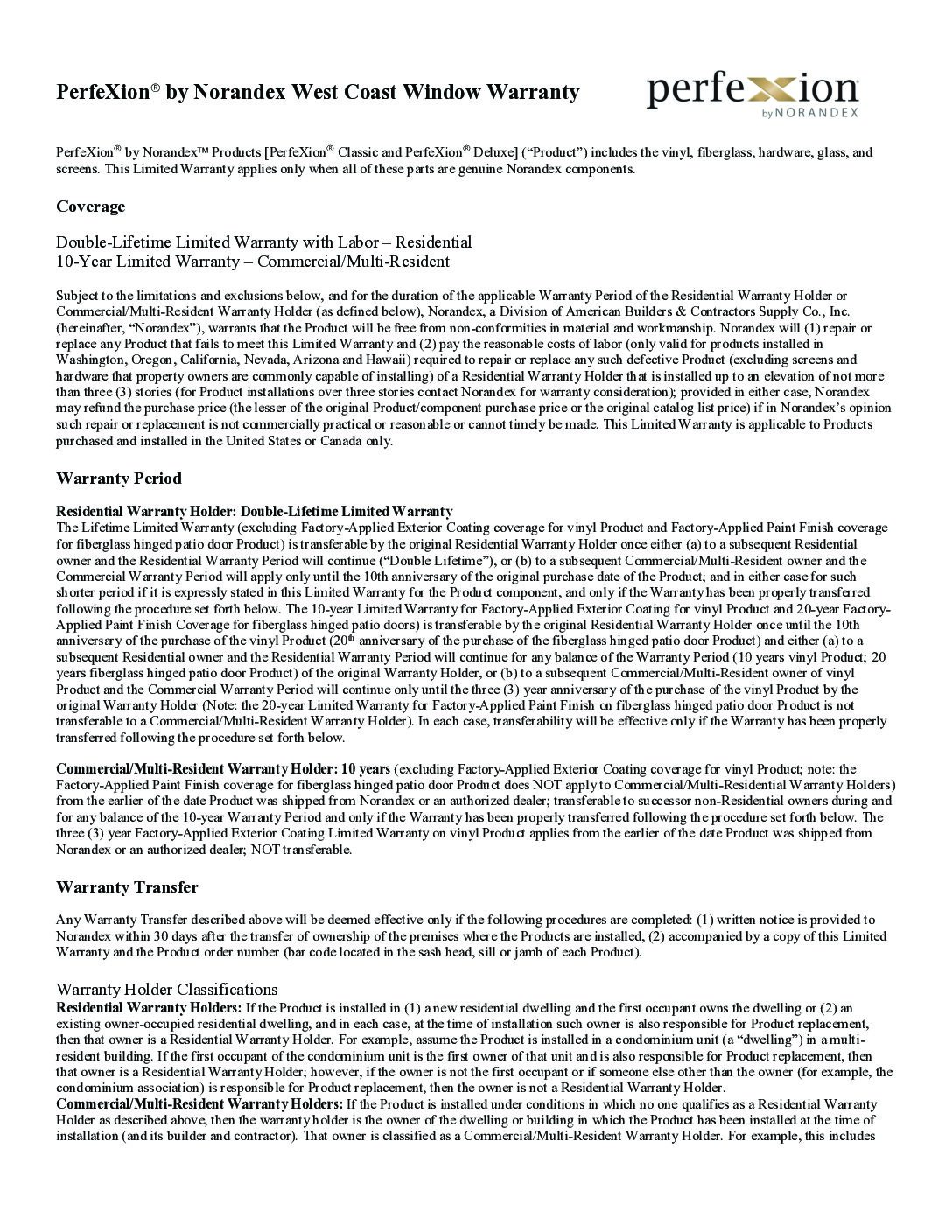 PerfeXion West Coast Warranty