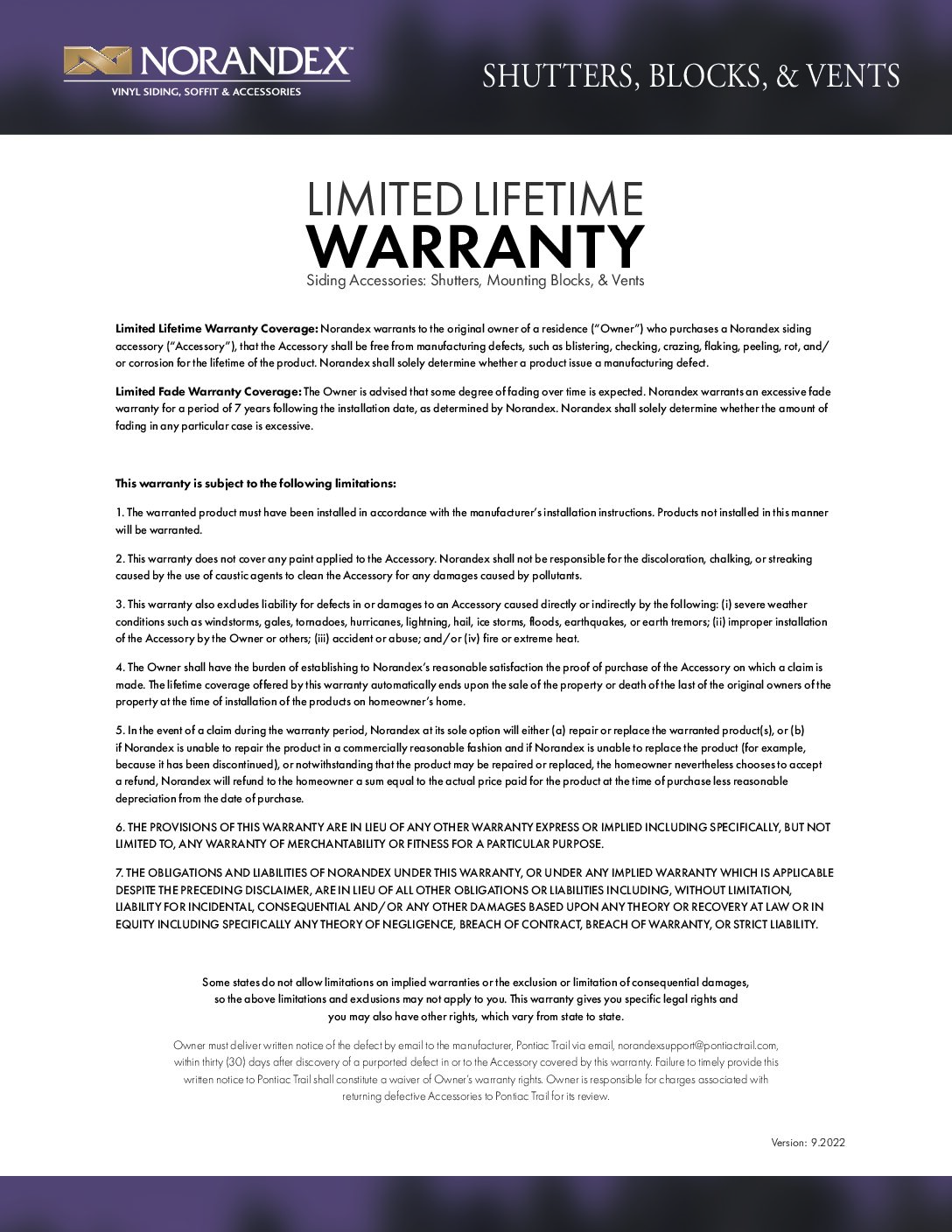 Shutters/Blocks/Vents Warranty