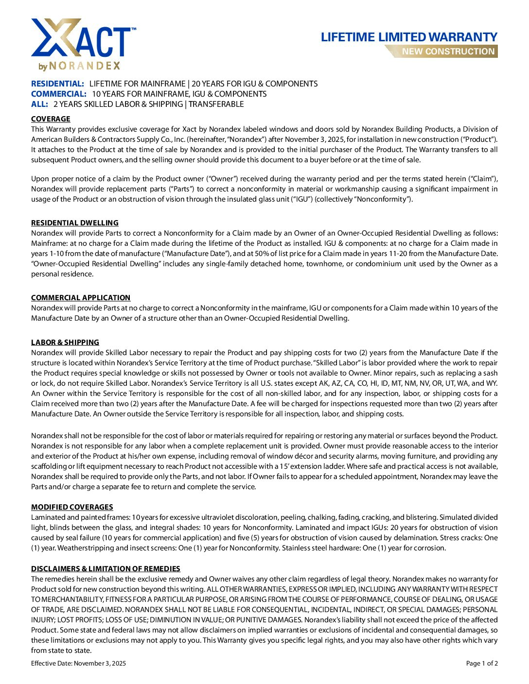 Xact New Construction Warranty